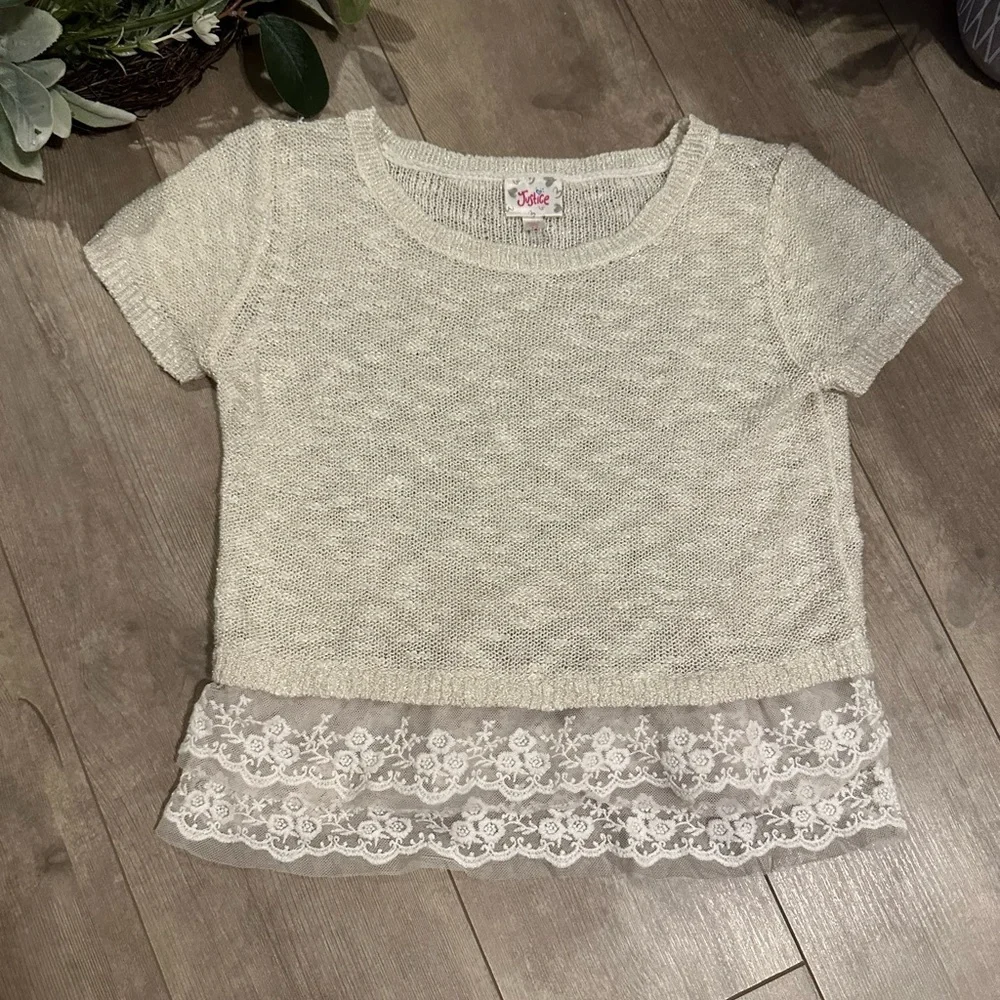 Justice Girls Short Sleeve Sweater Blouse Lace Tulle Bottom Size 12 Like New